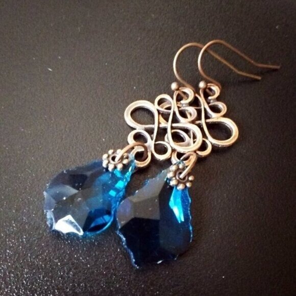 Teal Blue Fancy Cut Glass Drop Earrings - Blue & Copper! Dress Up + Feel Sexy! - Picture 7 of 8